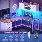 SEDETA Reversible Farmhouse L Shaped Computer Desk with Drawers, Hutch | L Shaped Corner Gaming Desk with LED Light and Storage Shelves for Home Office/Two Person, White