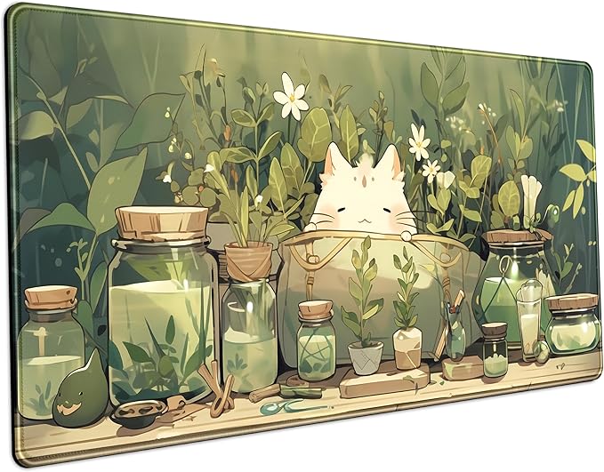 Cute Desk Mat Green Plant Cat Kawaii Sage Mouse Pad Gaming XXL Large Mousepad by LuckyCow
