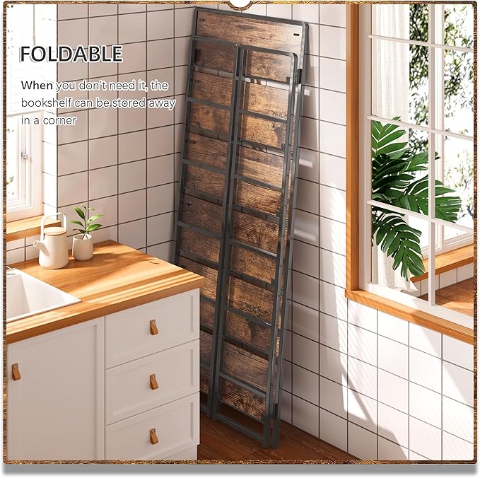4NM No Assembly 6 Tiers Folding Bookshelf Storage Shelves Vintage Bookcase - Image 4