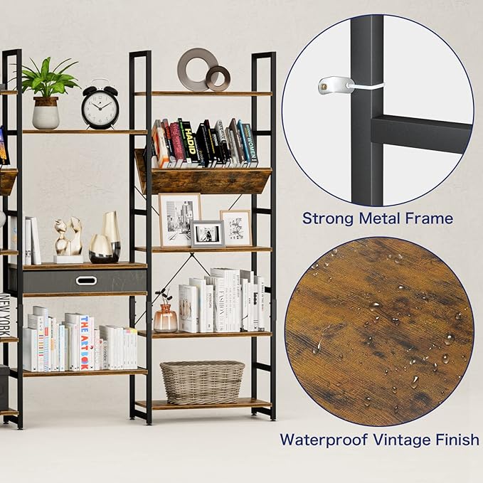 NUMENN Triple Wide 5 Tier Bookshelf, Adjustable Rustic Industrial Style Book - Image 7
