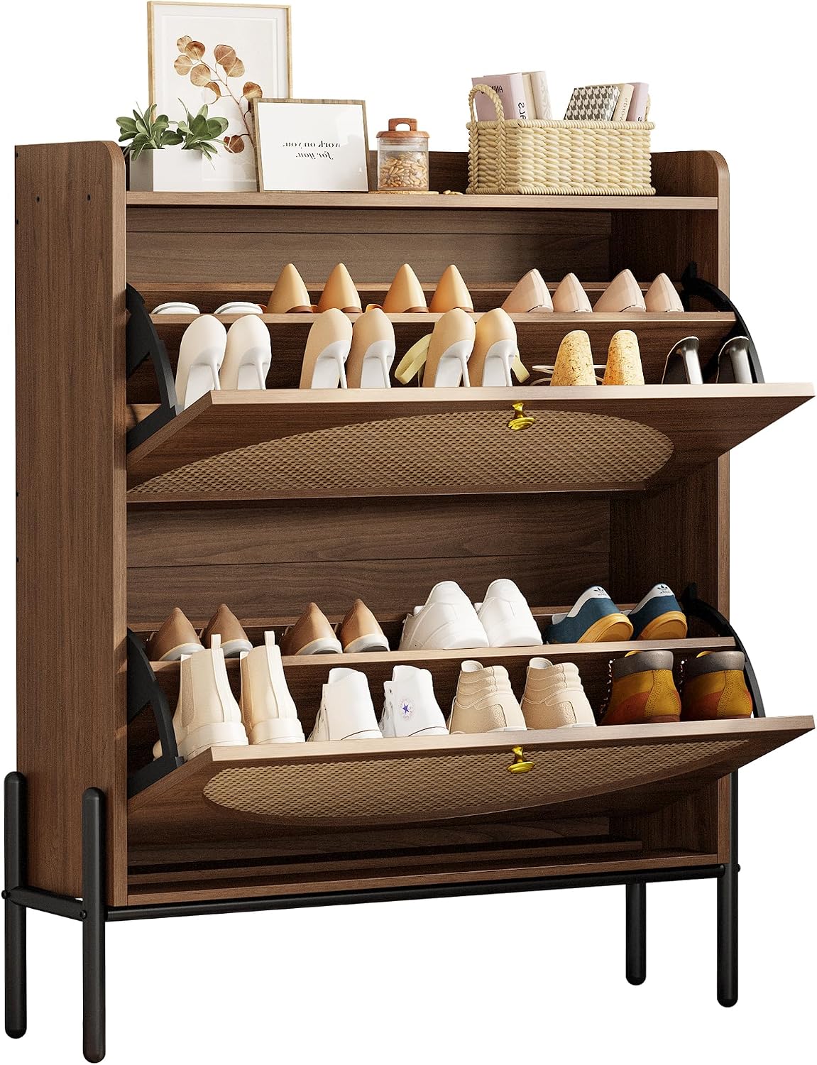 IRONCK Rattan Shoe Cabinet Storage with 2 Flip Drawers, Walnut
