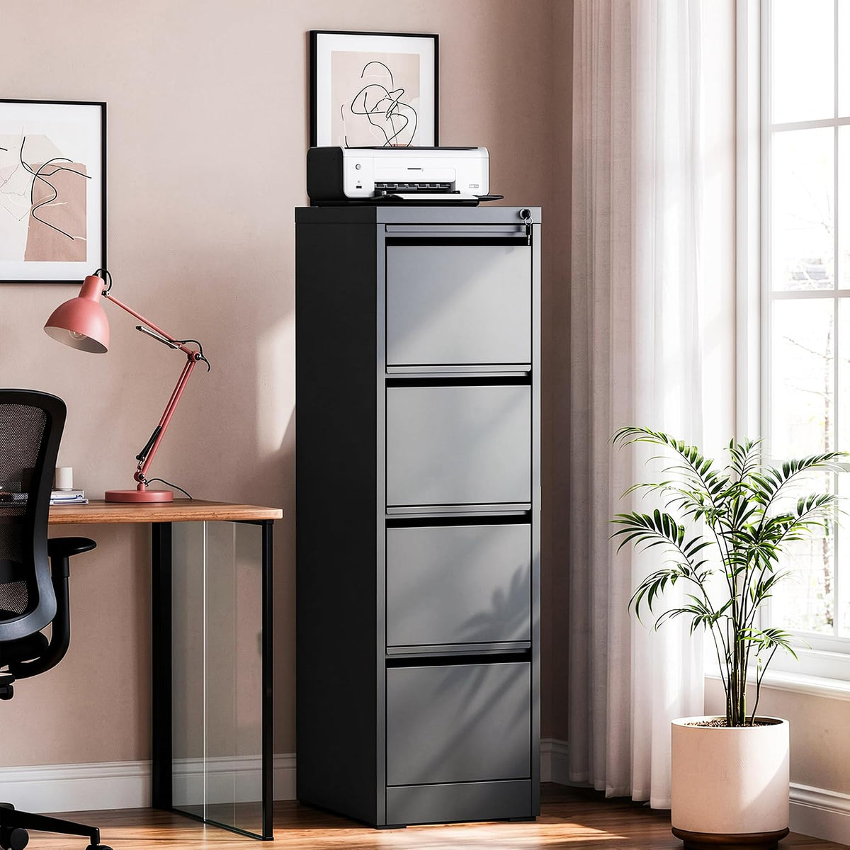 file cabinet 4 drawer with lock, vertical filing shown in use