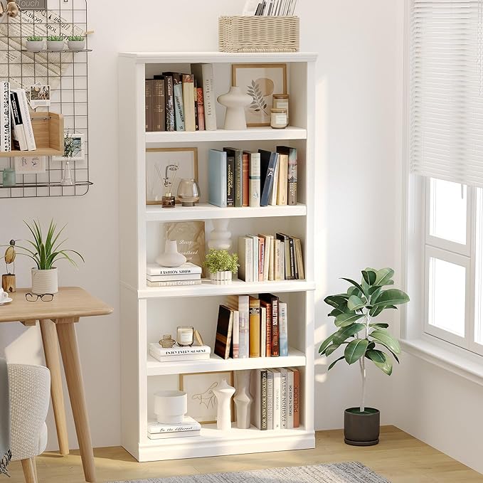 blini 5-Shelf Tall Bookcase White Wooden Bookshelves 33in Wide 5 Tier Bookcases - Image 2