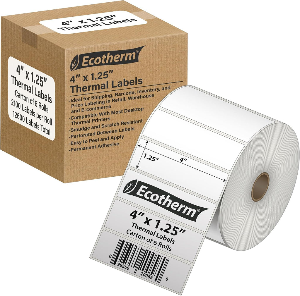 4" x 1.25" Thermal Labels | 6 Rolls | 12600 Labels | fits Zebra, Offnova