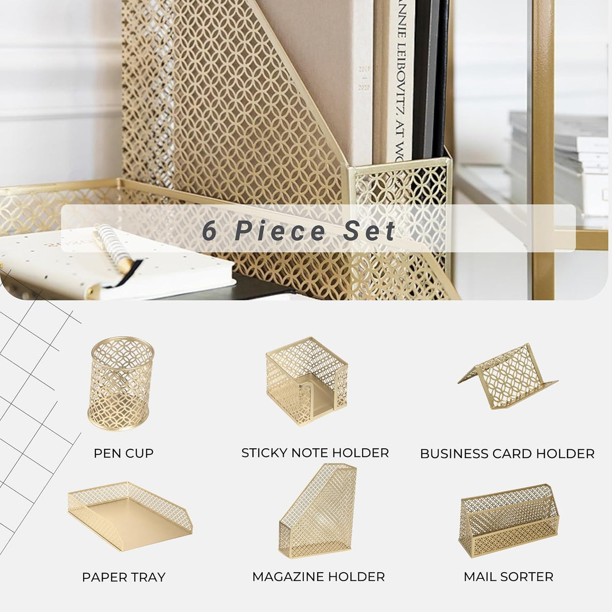 blu monaco | gold desk organizer set with shown in use