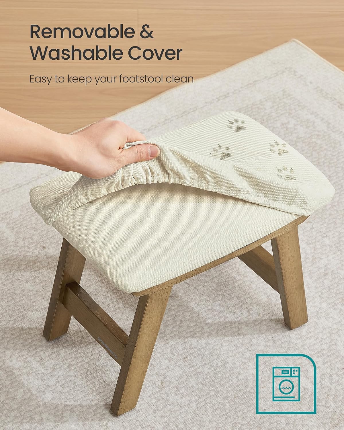 SONGMICS Foot Stool Ottoman, Padded Foot Rest Under Desk, Solid Wood Frame