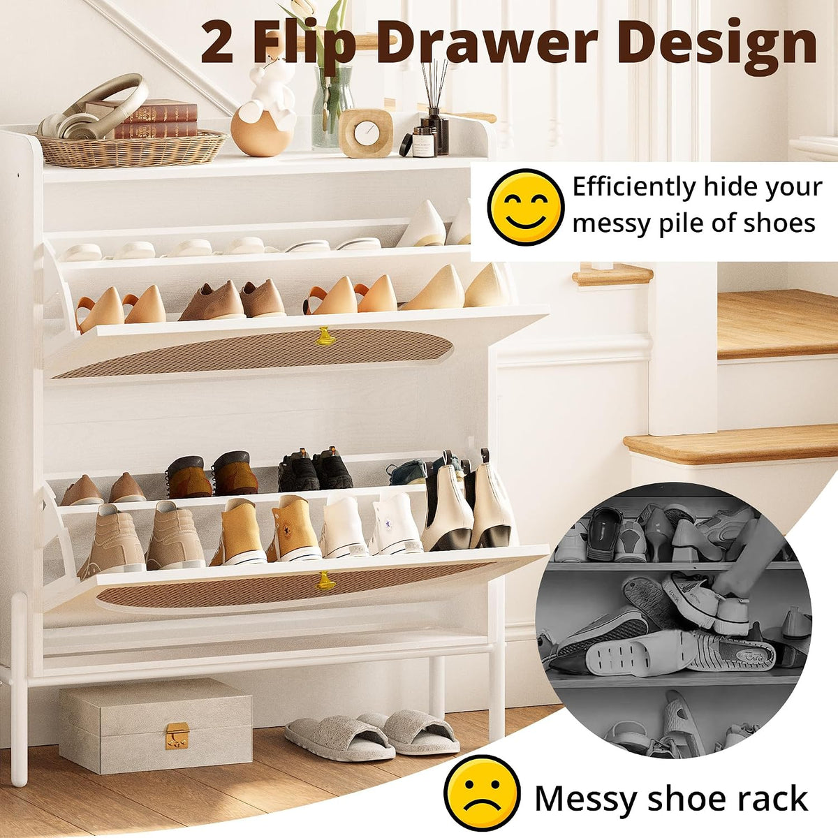 IRONCK Rattan Shoe Cabinet Storage with 2 Flip Drawers, White