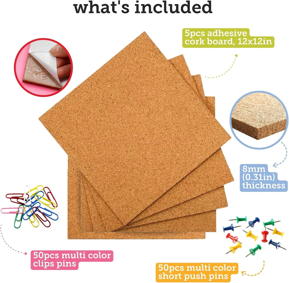 Cork Board Tile Squares – 5 Piece 12x12 Self-Adhesive Squares for Bulletin Bo...