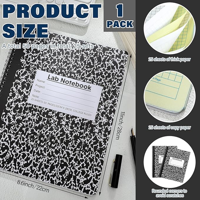 Affrolling 1 Pack Carbonless Lab Notebook Carbon Copy 8.5'' x 11'' 25 Sets of - Image 2