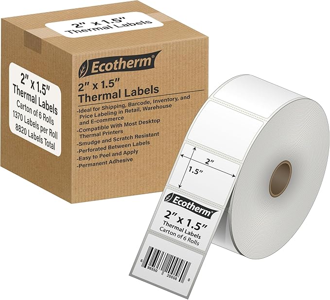 2" x 1.5" Thermal Labels | 6 Rolls | 8220 Labels | fits Zebra, Offnova Thermal by EcothermProducts