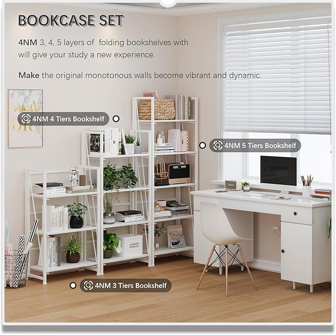 4NM No Assembly Folding Bookshelf Storage Shelves 3 Tiers Vintage Bookcase - Image 5