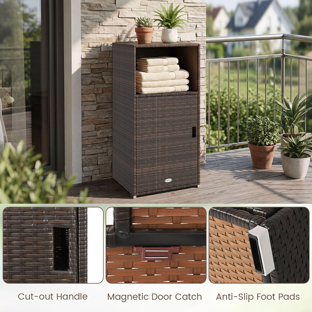tangkula rattan outdoor storage cabinet with 3 storage showing dimensions