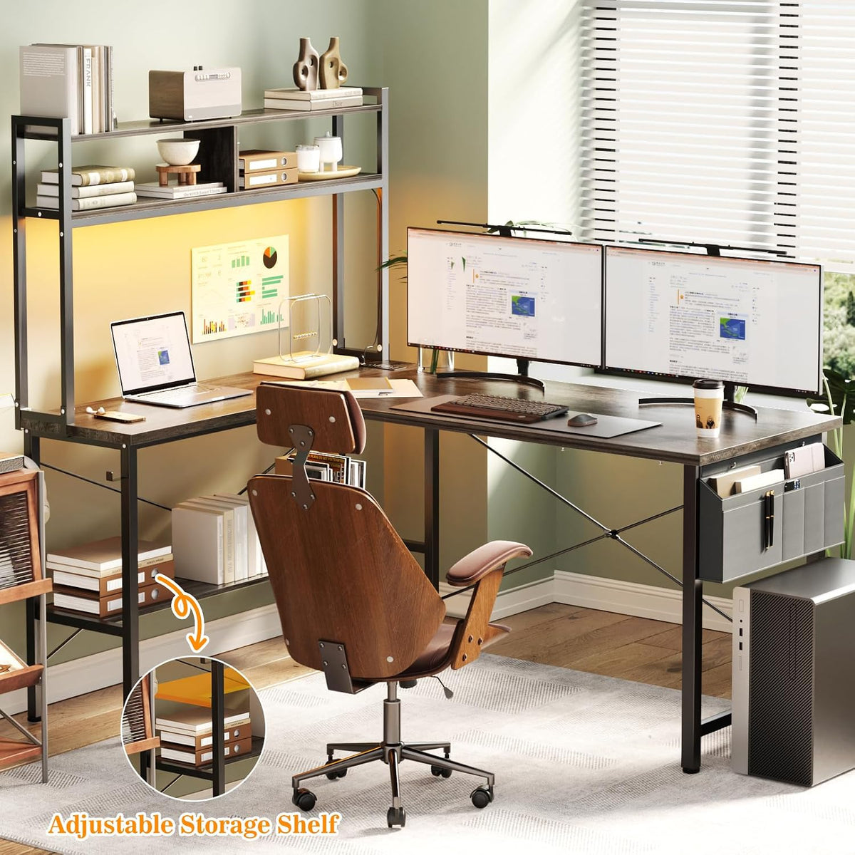 Aheaplus 59" L Shaped Desk Gaming Desk with LED Light & Power Outlet
