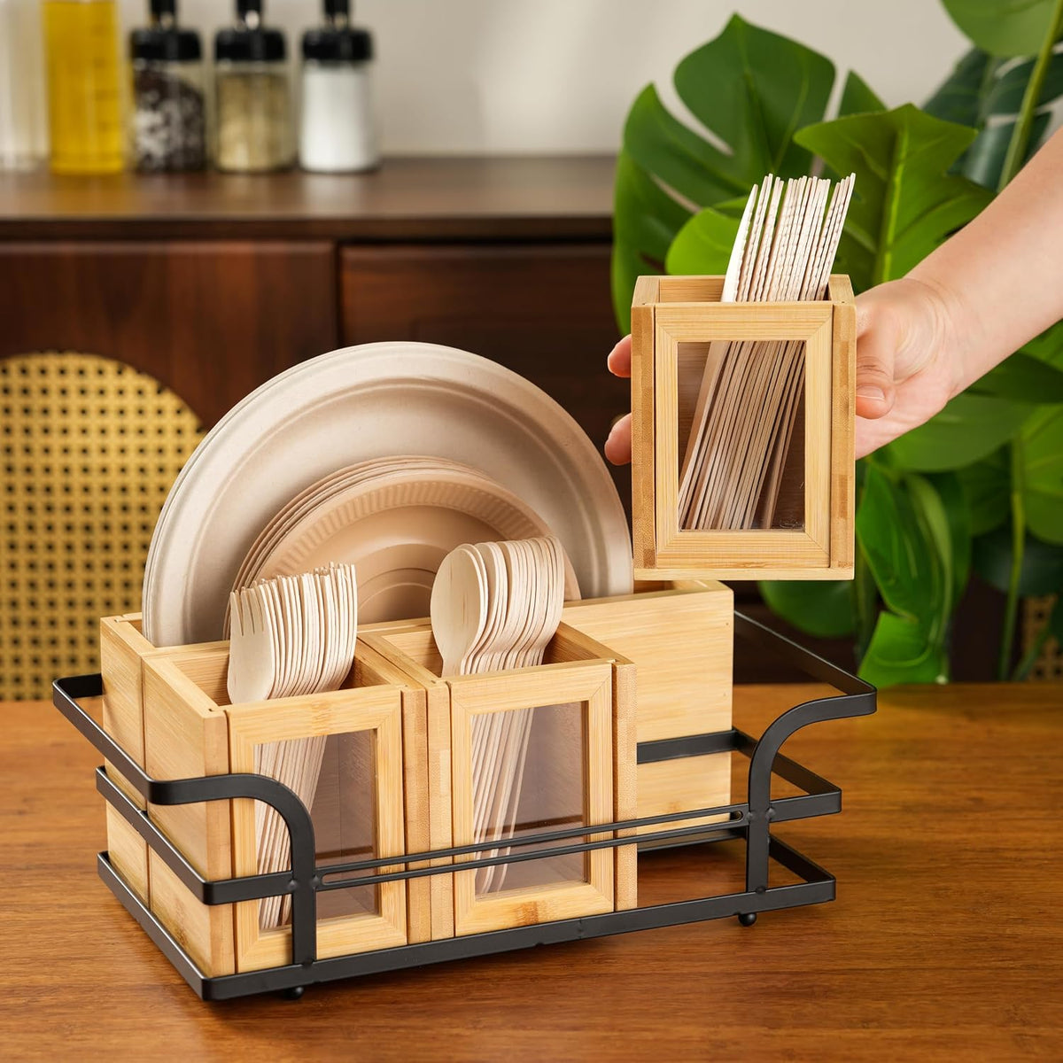 Bamboo Silverware Caddy with Paper Plate Holder, Utensil Organizer for Forks,...