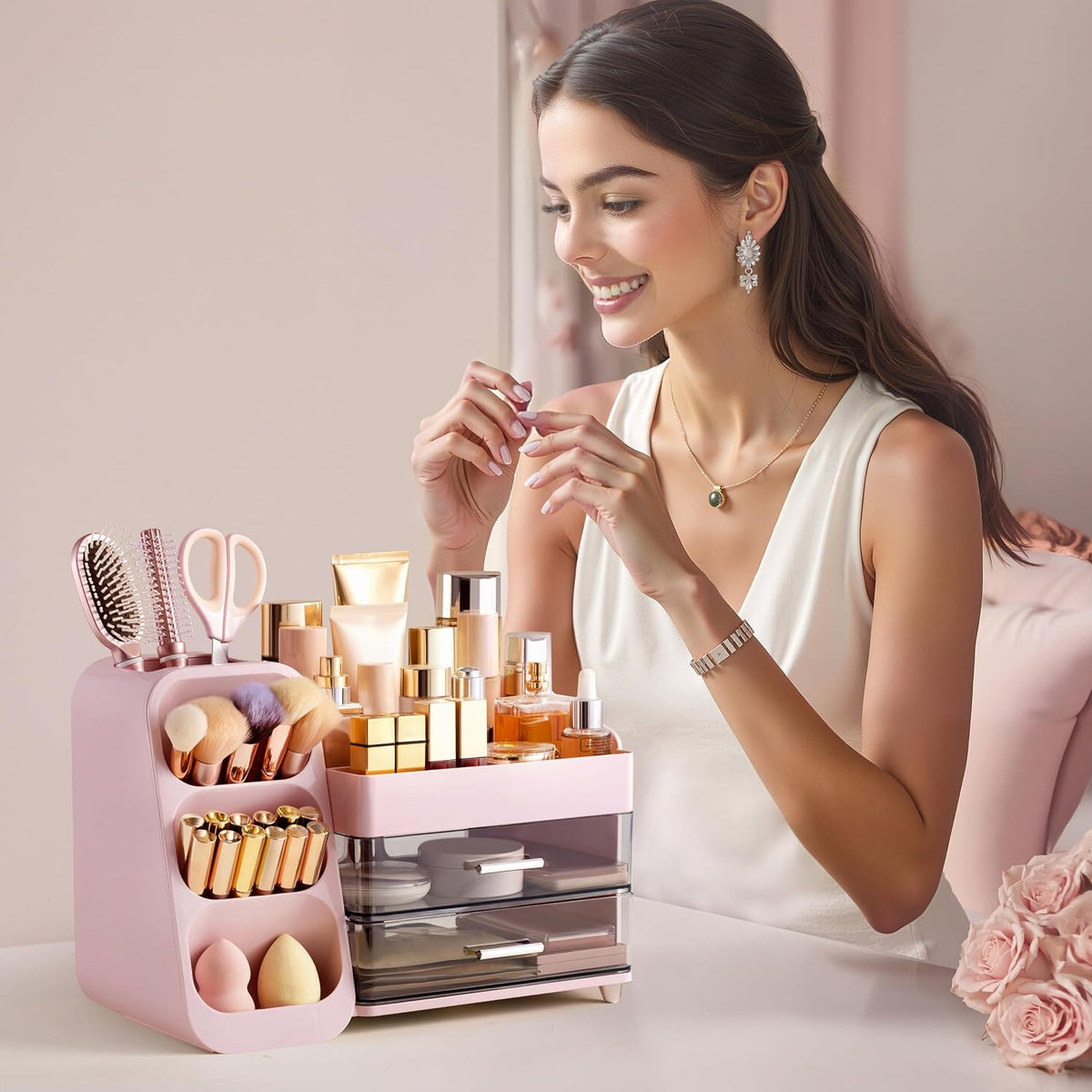 HBlife Makeup Organizer with Brush Holder for Vanity, Large Plastic Bathroom ...