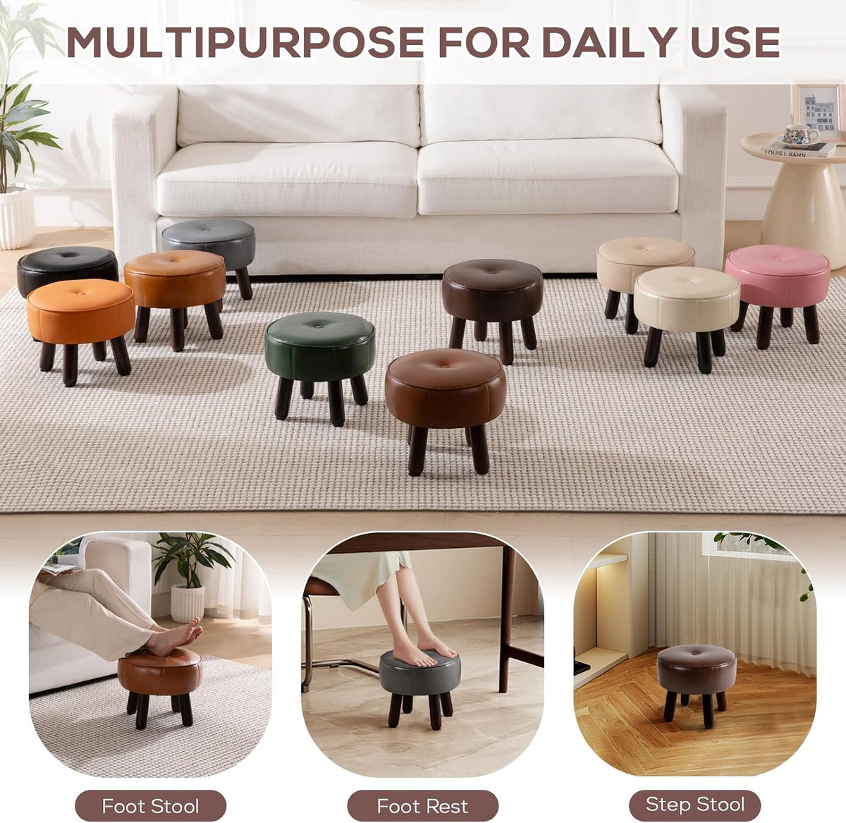 Small Foot Stool Ottoman, Round Pouf Foot Rest, Footstool, Faux Leather
