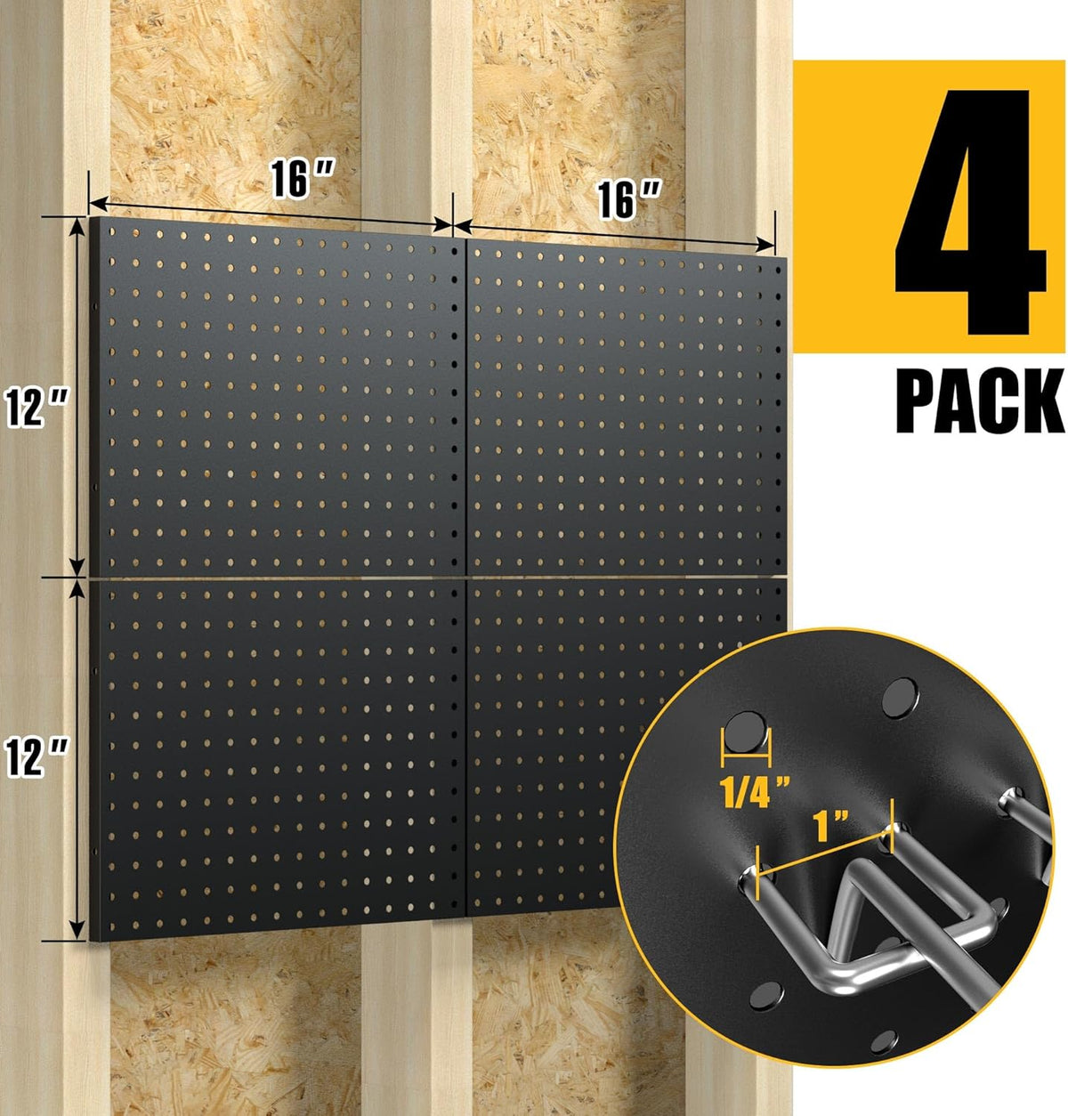 spampur peg board, 4 pack metal black pegboard, close-up detail