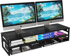 simple trending 2-tier metal dual monitor stand with, close-up detail