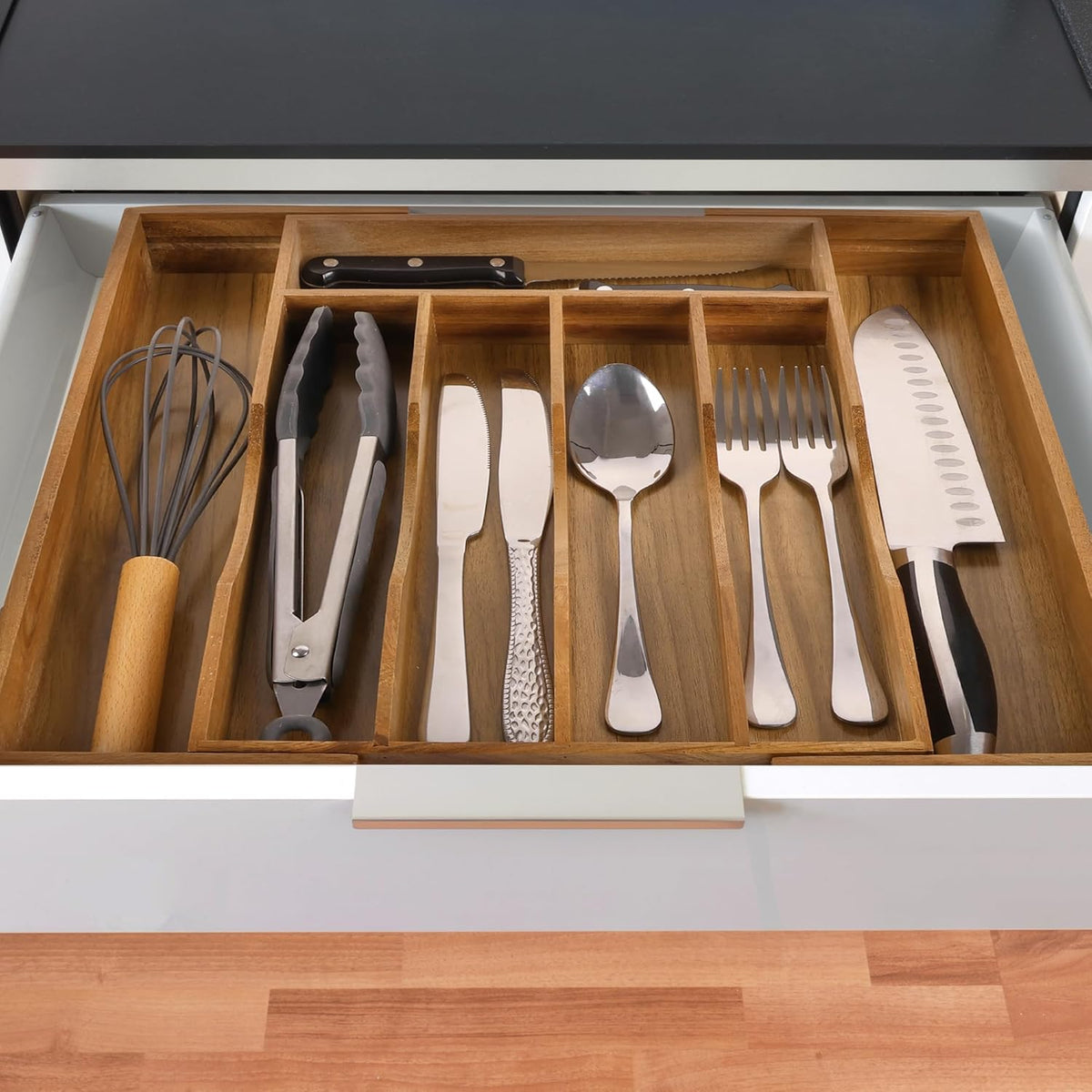 Expandable Acacia Kitchen Drawer Organizer for Cutlery and Utensils, Adjustab...