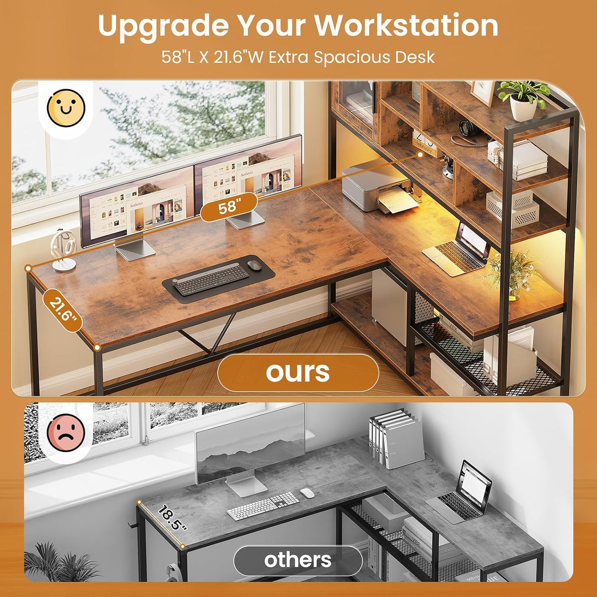 SEDETA L Shaped Computer Desk with Storage Shelves, Bookshelf, Rustic Brown