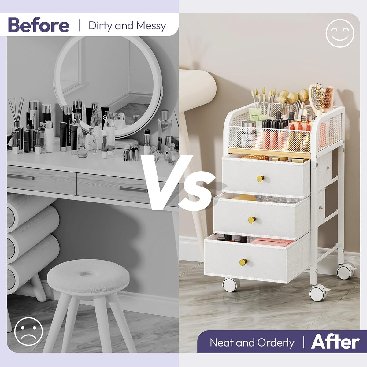 SWTYMIKI Rolling Makeup Organizer Cart - Under Desk Vanity Makeup Storage wit...