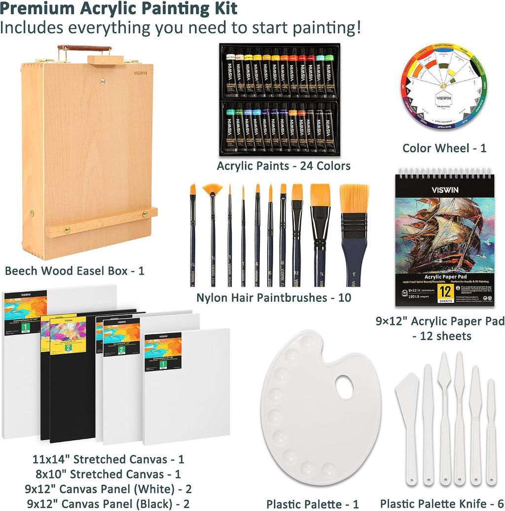 viswin 62 pcs acrylic paint set with easel shown in use