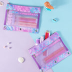WAWSAM Mermaid Pencil Pouch for 3 Ring Binder, Zipper Pencil Pouch for Girl | 2 Pocket Clear Window Pencil Case, 3 Ring Pencil Pouch for School Supplies, Pencil Bags for Office College