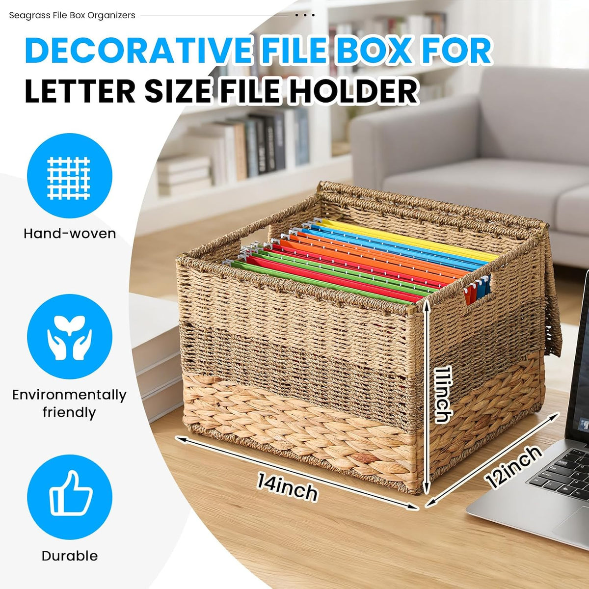 Cinnvoice Decorative File Box, Wicker File Basket Hand Woven, Letter Size
