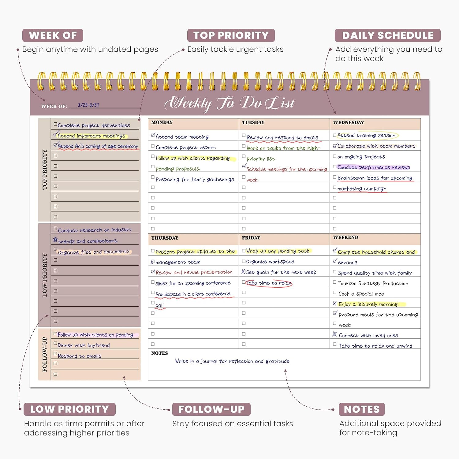 Weekly To Do List Notepad with 52 Undated Sheets（8.5"×11"）- Undated Weekly Planner Notepad for Office Desk Accessories and Supplies - Midnight Lilac
