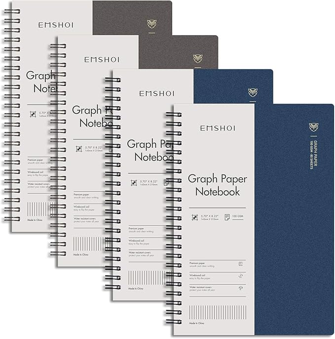 EMSHOI Graph Spiral Notebook 4 Pack, A5 Graph Paper Notebook/Journal, by EMSHOI