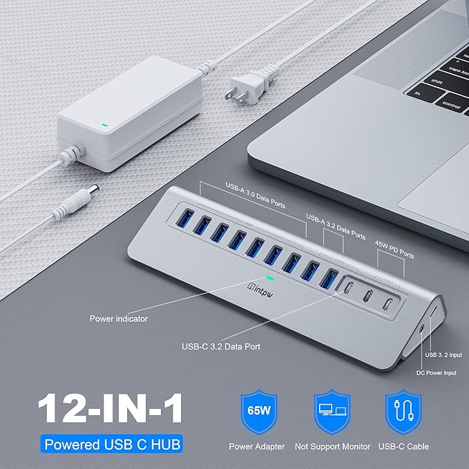 YH9AC Powered USB Hub 10Gbps, intpw 12 Port USB C Hub - Image 2