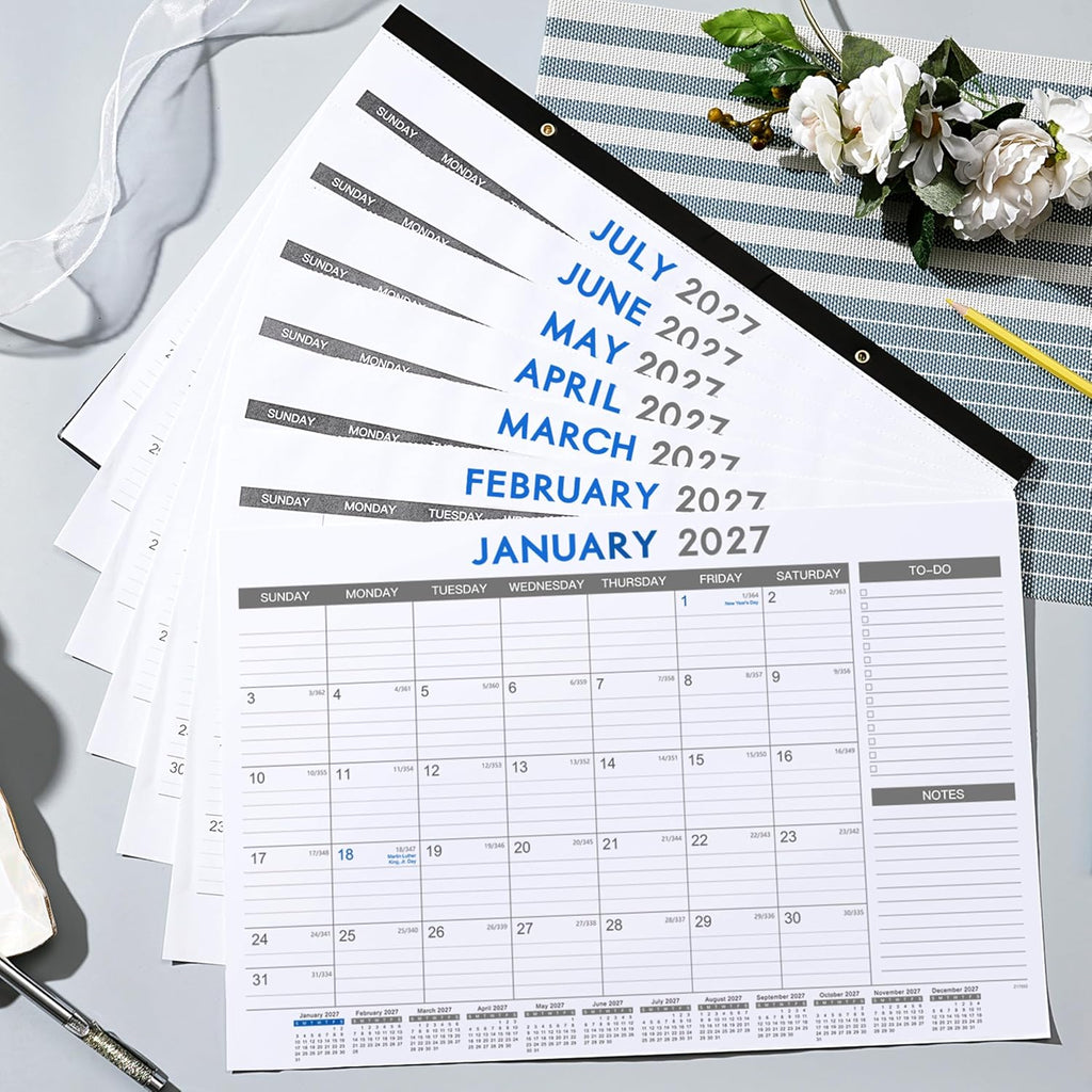 2027 Desk Calendar - 12 Months Calendar from January 2027 to December 2027 | 12 Months Calendar Pad with Black Corner Protectors, 17" x 12", Large Ruled Blocks, Large Office Desk Top Calendar