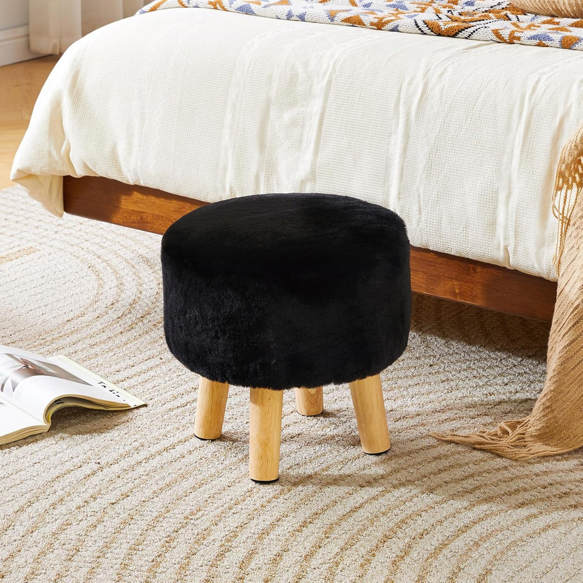 YMYNY Round Pouf Ottoman, 12.6" Small Foot Stool, Black HBD035B
