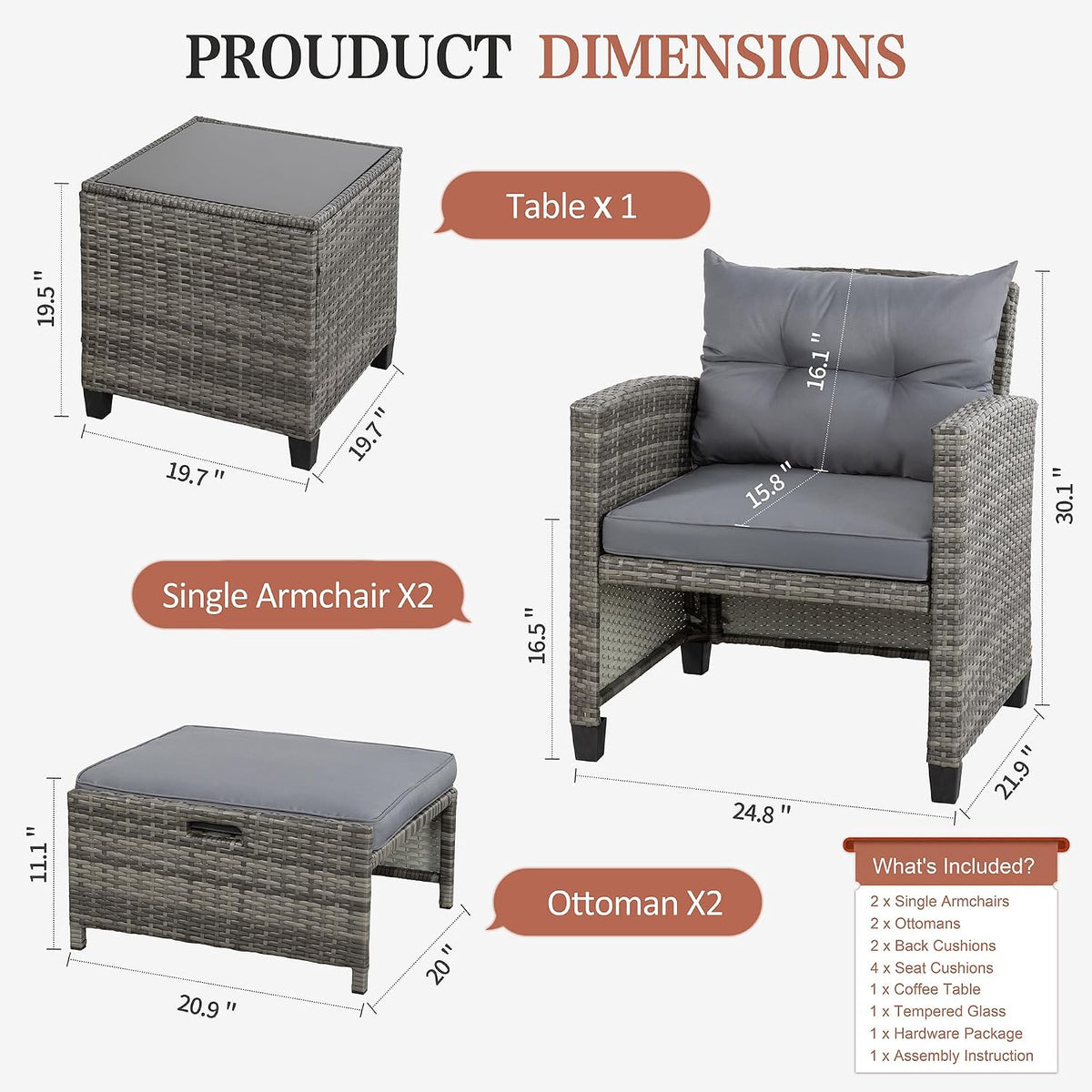 Vongrasig 5 Piece Patio Furniture Set, Small Balcony Furniture, PE Wicker Rat...