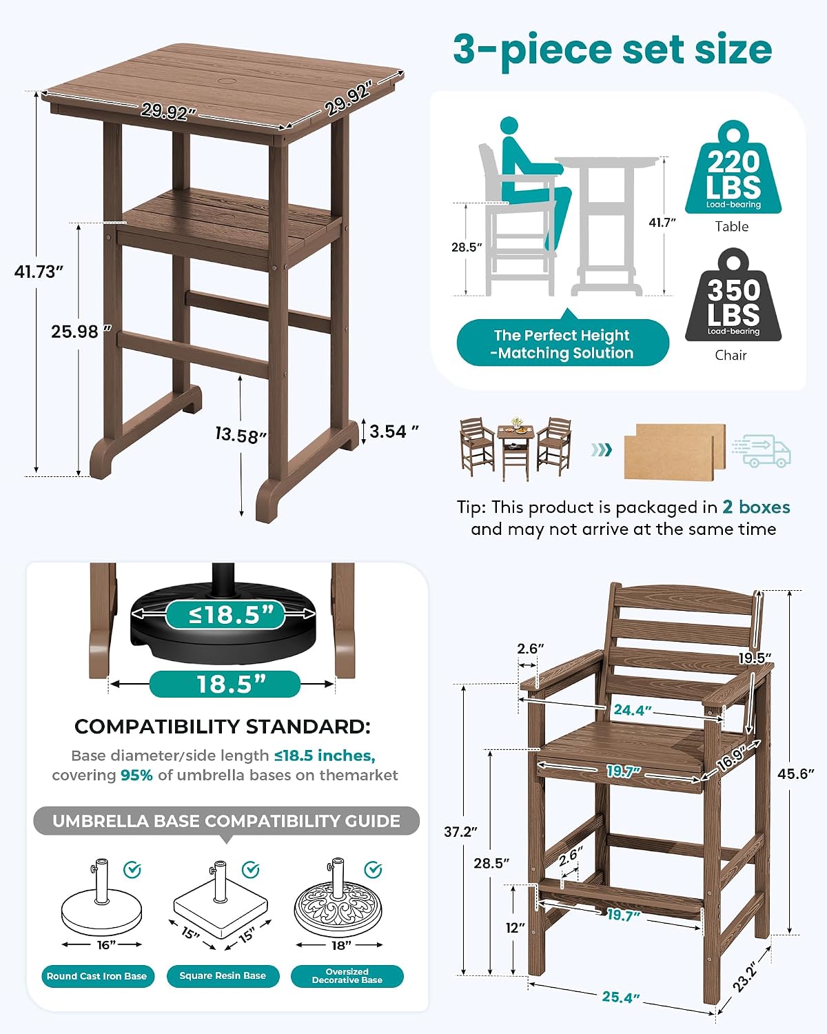 SERWALL 3 Pcs HDPE Bar Height Chairs and Double Layer Pub Table Set, Brown