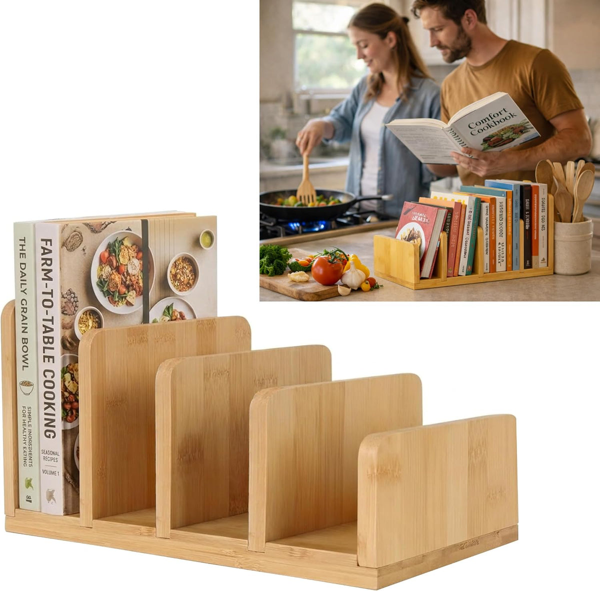 Natural Bamboo Cookbook Organizer Stand, 4 Slots Vertical Book Rack for Kitch...