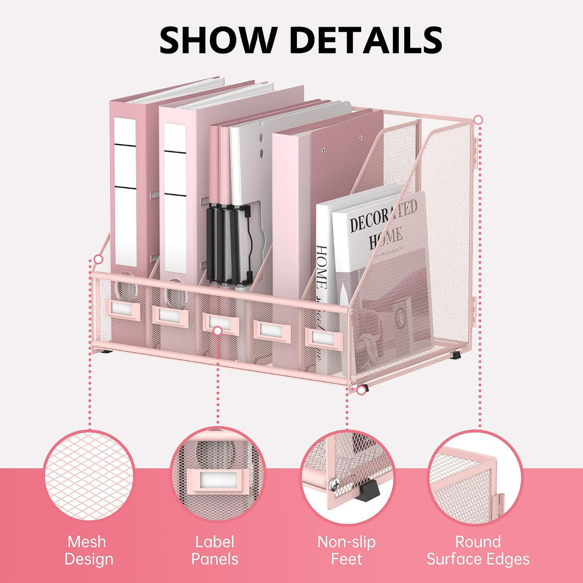 5 Vertical Compartments Magazine File Holder, Metal Binder Organizer, Pink
