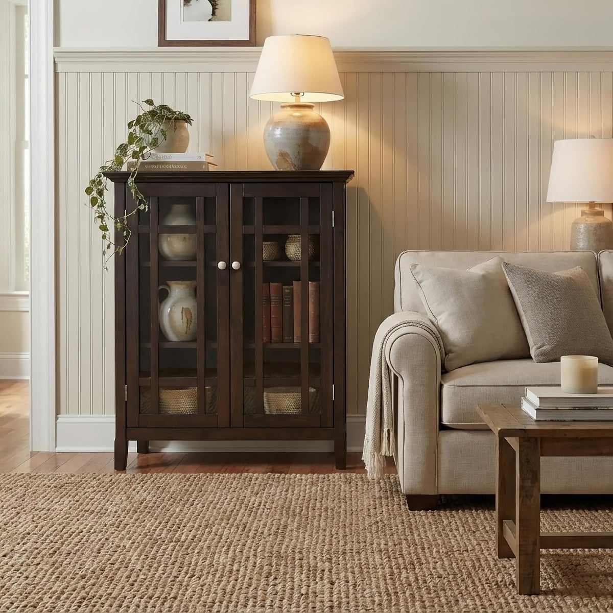 SIMPLIHOME Bedford 39" Wide Solid Wood Cabinet in Brunette Brown
