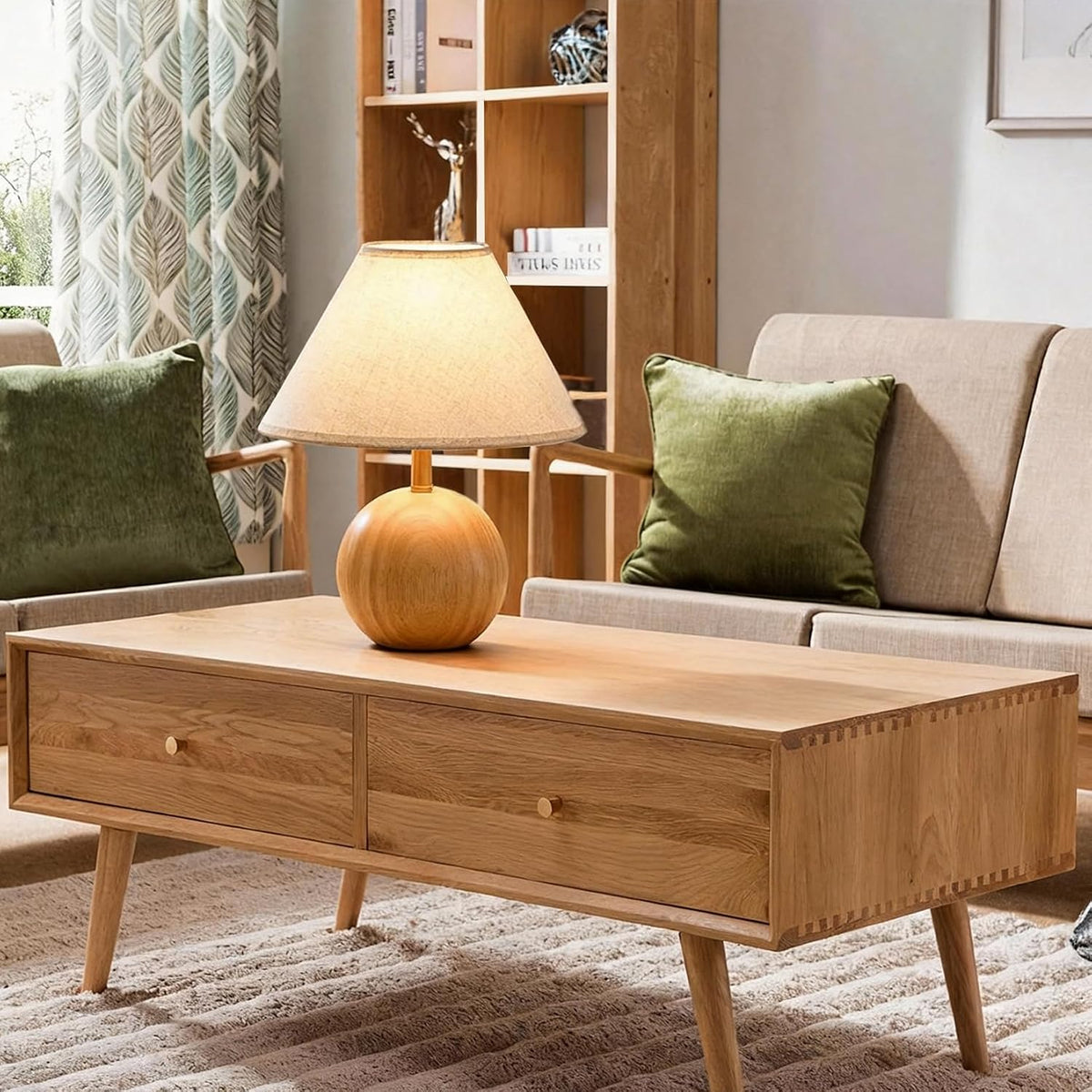 Wood Table Lamp for Bedroom, Flaxen Fabric Shade Small Desk Lamp for Living R...