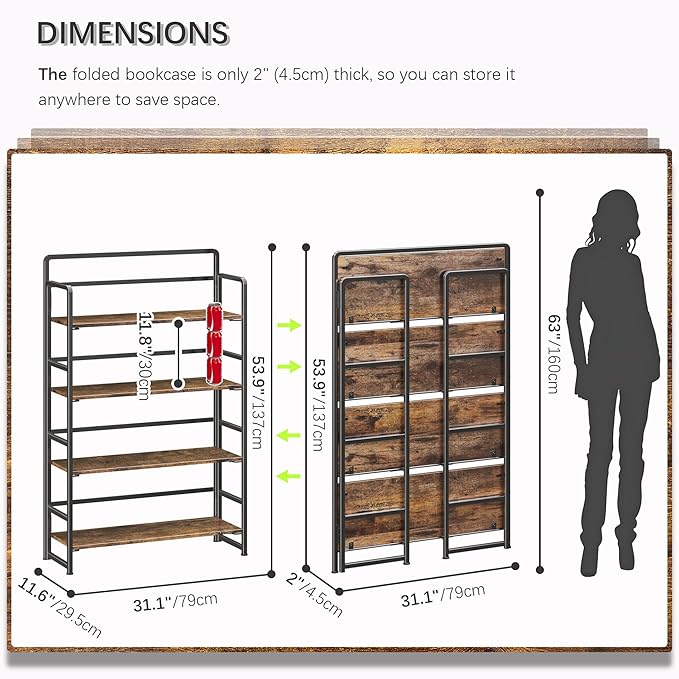 4NM No Assembly Extra Wide 4 Tiers Folding Bookshelf Storage Shelves Vintage - Image 2