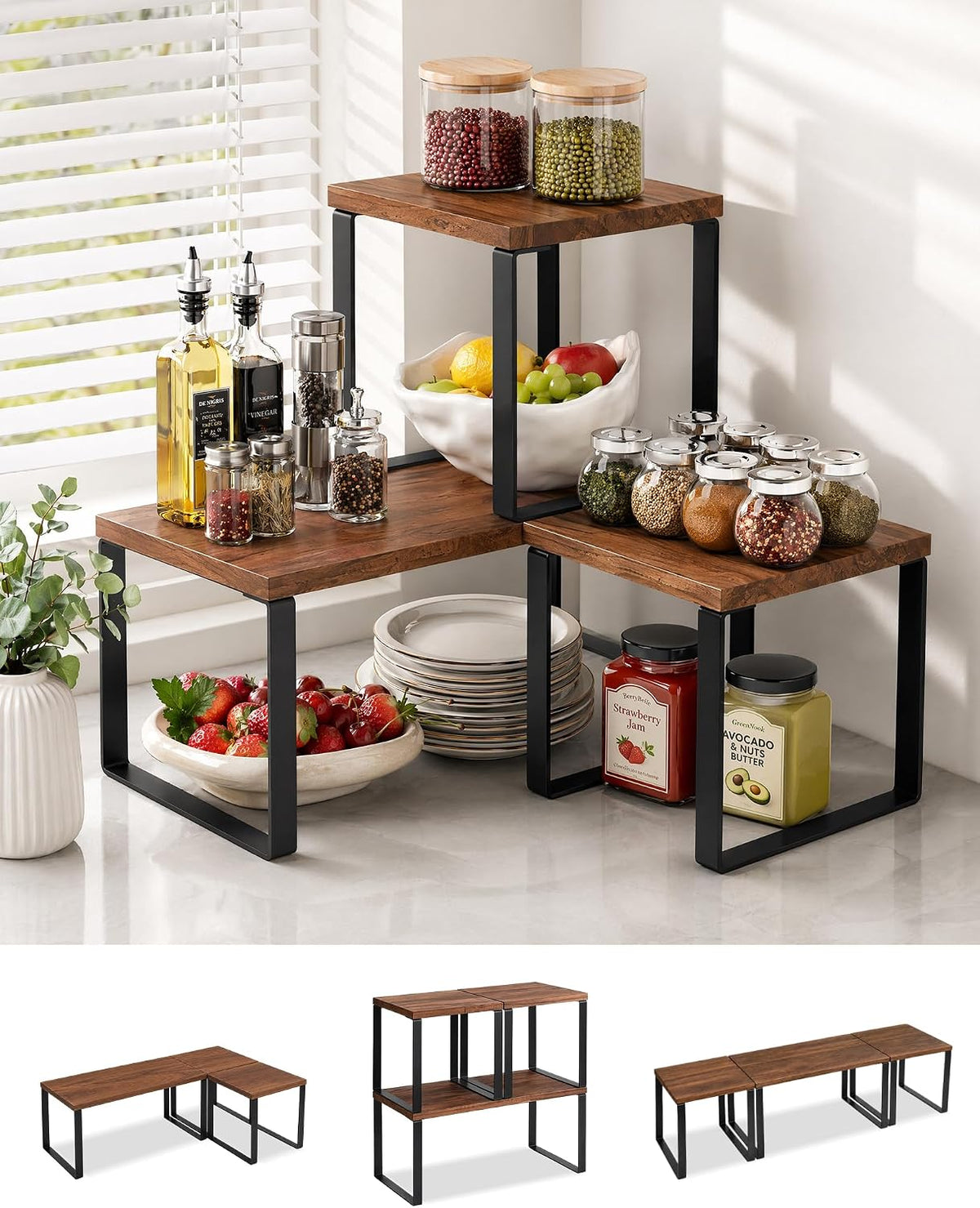 Countertop Organizer Corner Shelf, Wooden 2 Tier Stackable Kitchen Counter Sh...