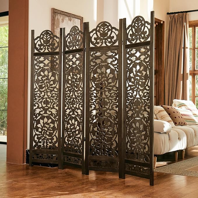5.75Ft Room Divider Wood Screen, 33Lbs Durable MDF Carved Rustic Style Headboard - Image 6