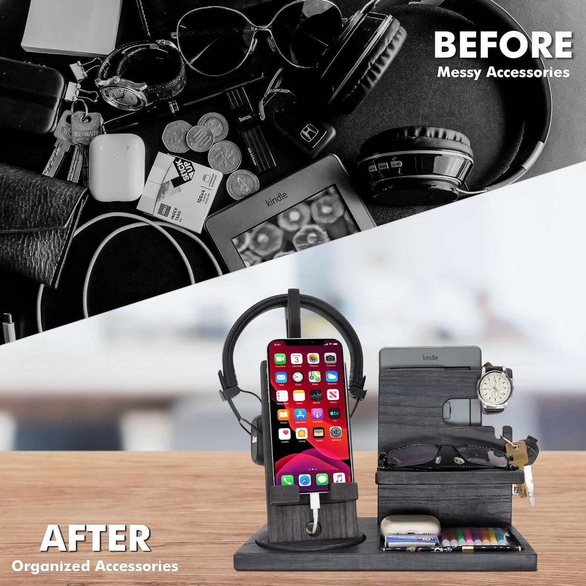 Gift for Men Nightstand Organizer with Headphone Stand & Rotating Phone S...