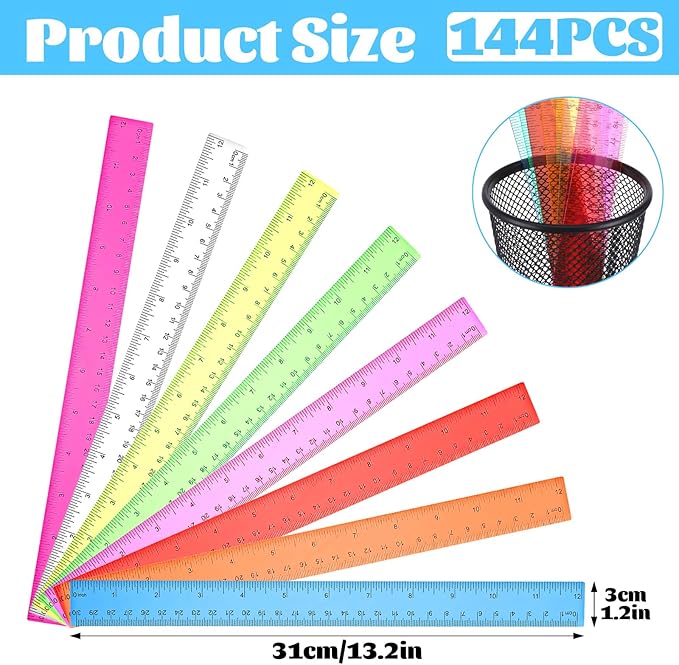 144 Pack 12 Inch Clear Plastic Rulers Bulk, Transparent Assorted Color Rulers - Image 2