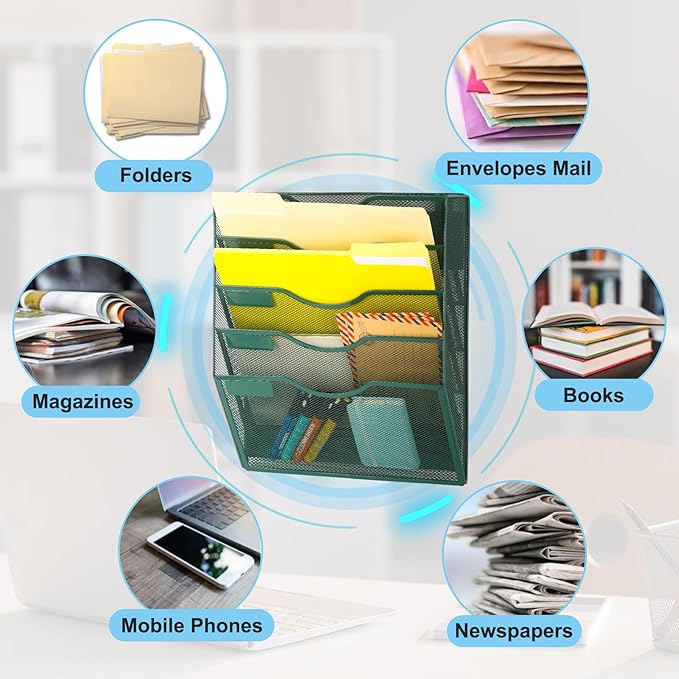 EASEPRES Magnetic 5 Pocket Mesh Hanging File Organizer, Wall Mounted Mail Paper - Image 4