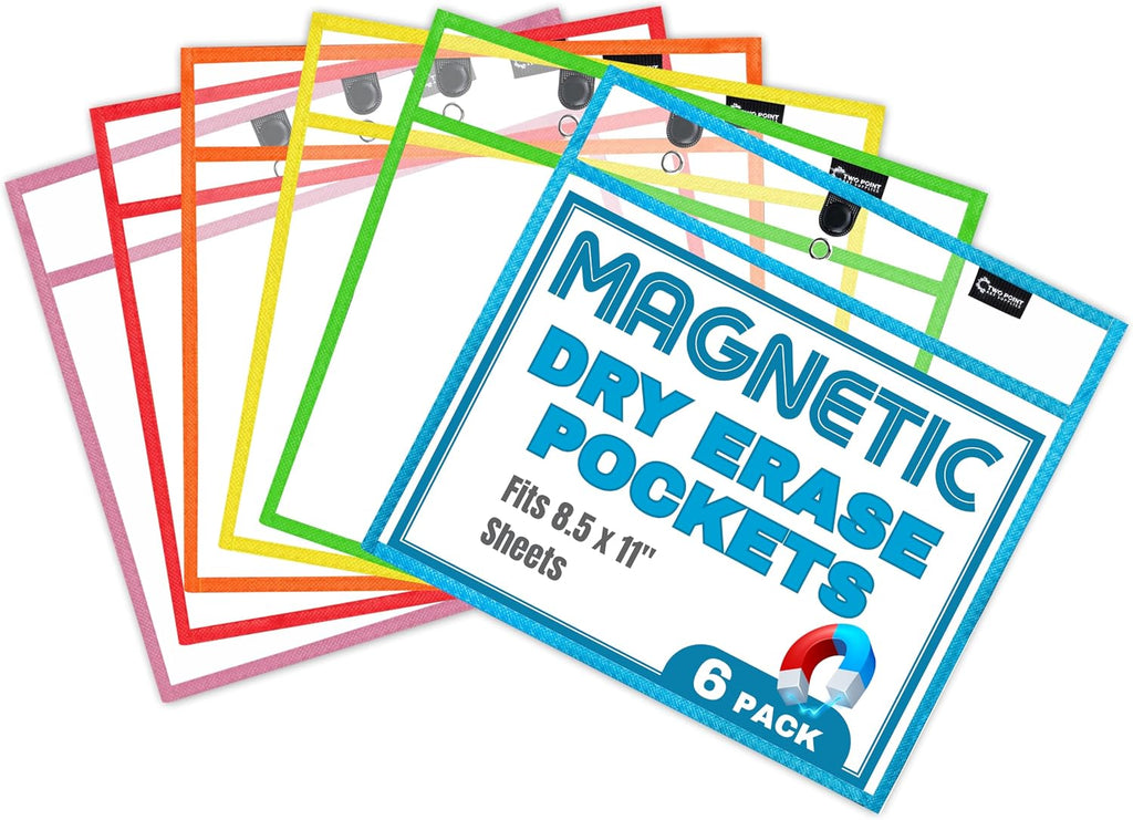 Magnetic Dry Erase Pockets by Two Point (6-Pack) - Landscape - Clear Dry Erase Pocket Sleeves, Job Shop Ticket Holders, Clear Paper Sleeves Protectors, Magnetic Pouch