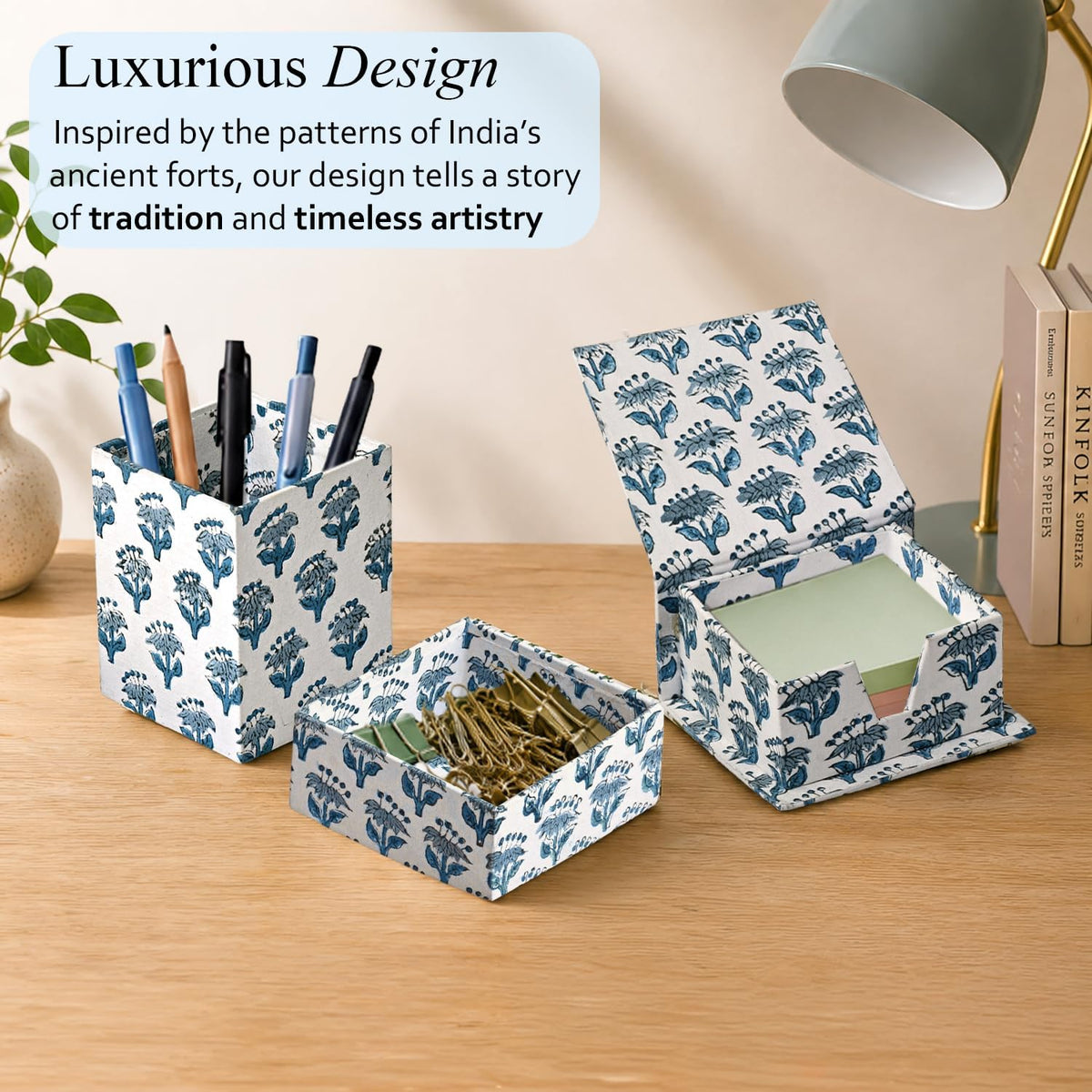CPC Apatite Blue Block Print Set of 3 Desk Organizer