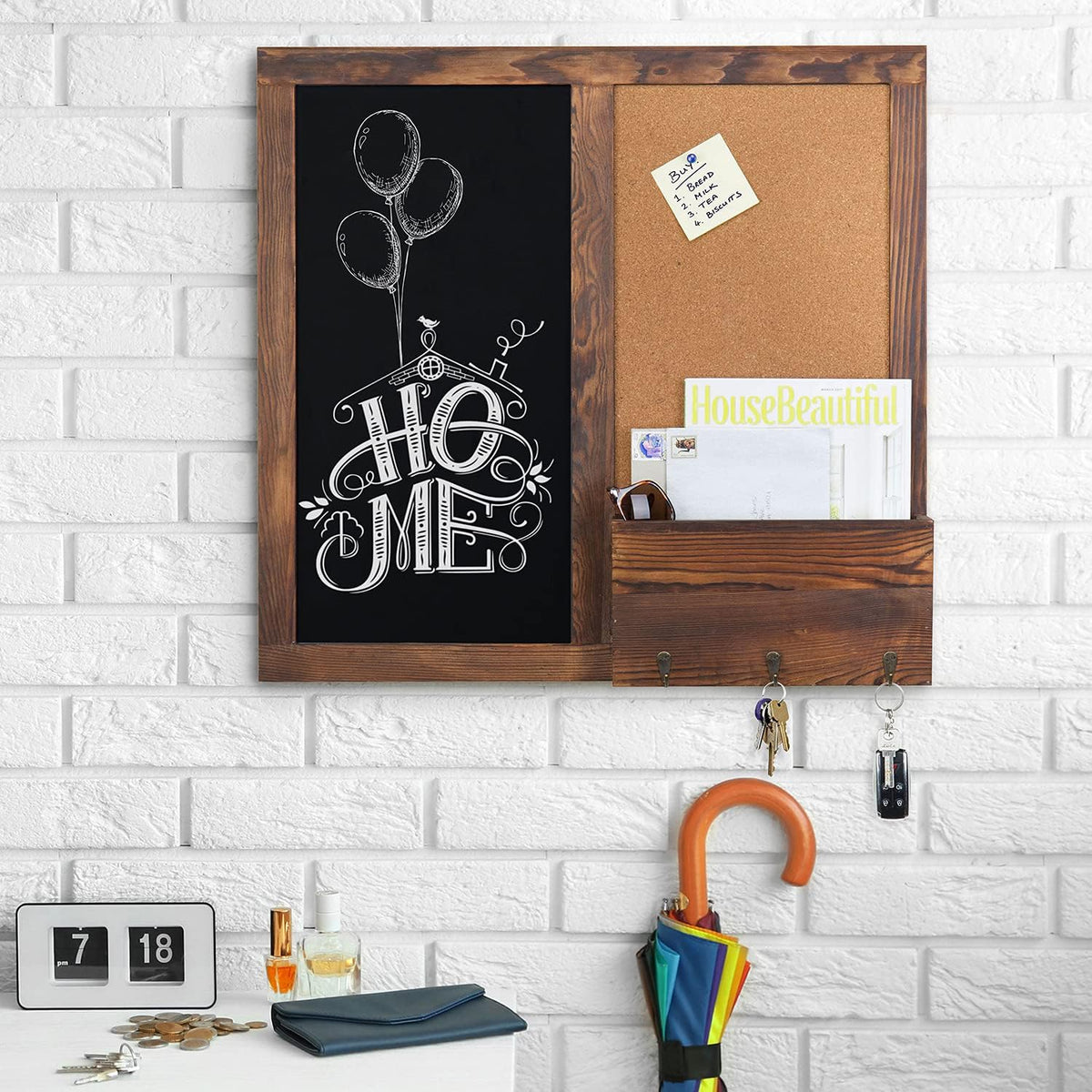 MyGift Rustic Dark Brown Wood Wall-Mounted Chalkboard with Cork Board, Mail S...