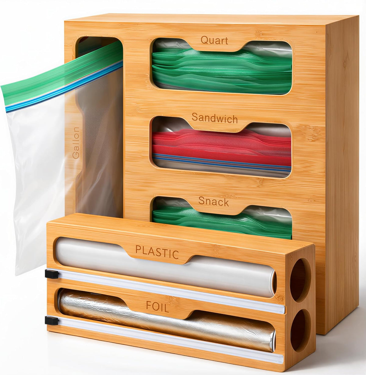 Bamboo Food Storage Bag Organizer for Drawer with Foil & Plastic Wrap Dis...