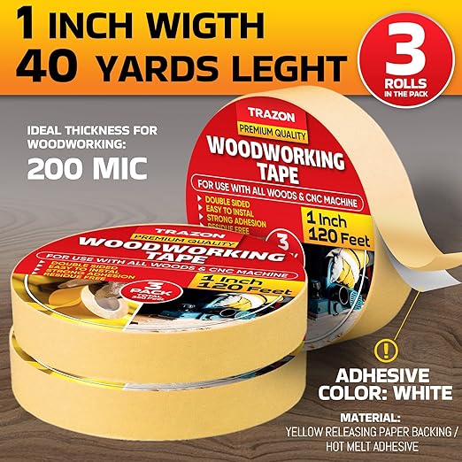 Trazon Double Sided Woodworking Tape Super Strong, 3 Pack, 1 Inch x 120 Feet - Image 3